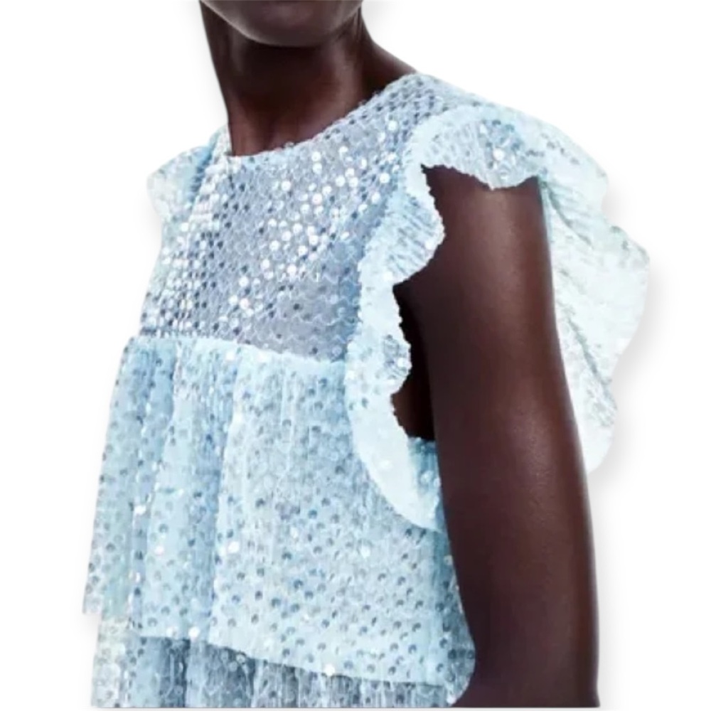 NWT Zara sequin ruffled top pastel blue double ruffle at chest